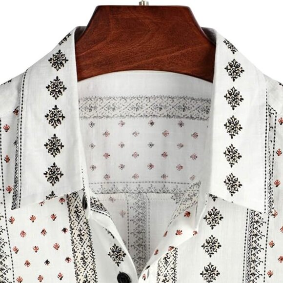 Vatpave - Men’s Casual Short Sleeve Button-Down Shirt White/Black Medium - Picture 2 of 6